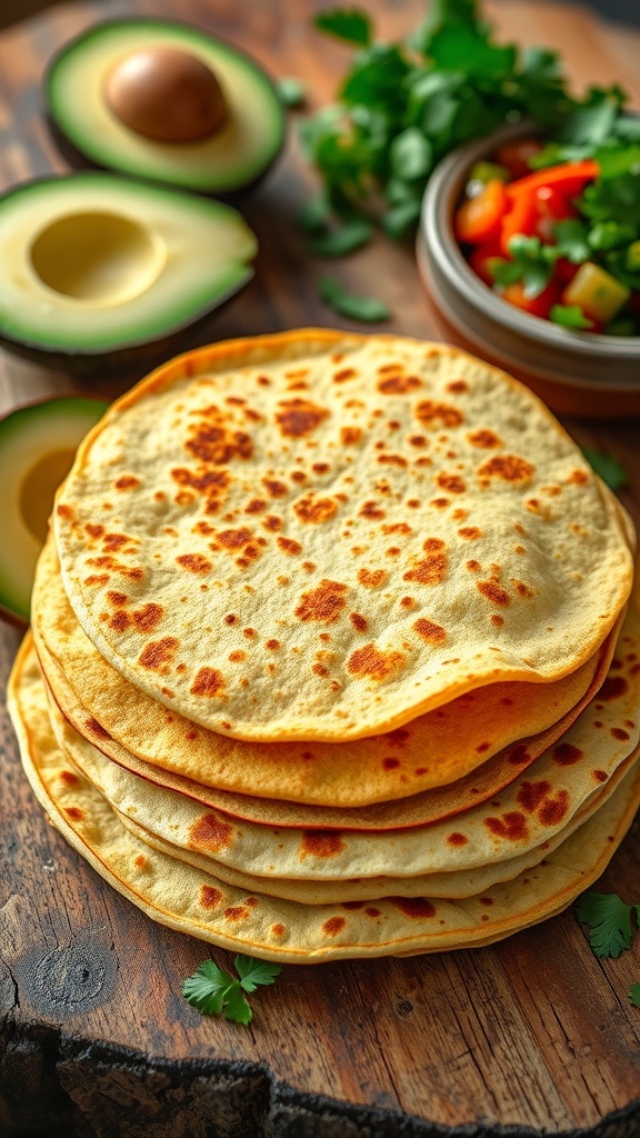 A stack of golden brown siete tortillas with fresh ingredients for tacos on a wooden table.